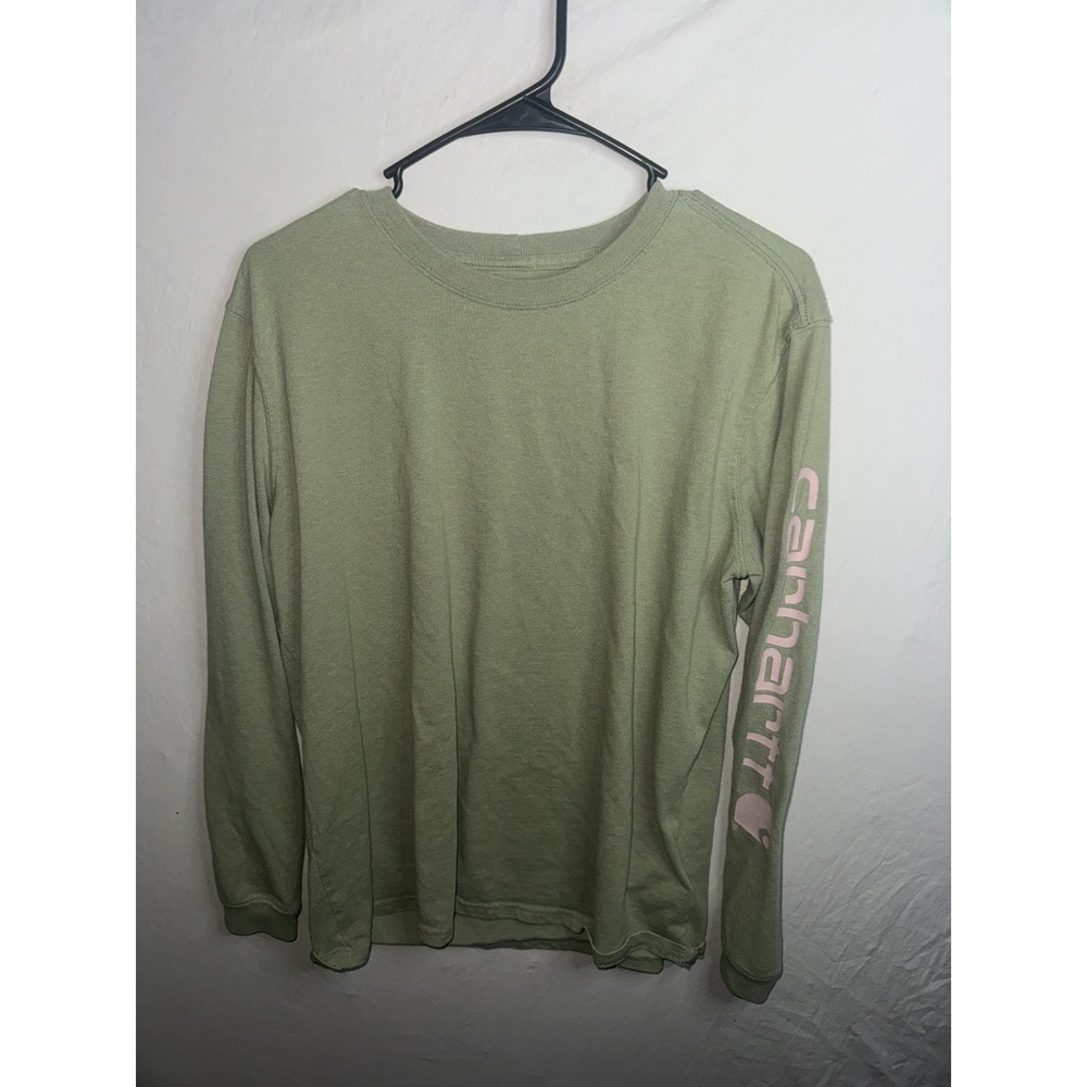 Carhartt Size L (12 - 14) Long Sleeve Logo Crew Neck Pullover T-Shirt Green